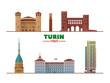 Turin, Italy famous landmarks at white background. Vector Illustration. Business travel and tourism concept with modern buildings. Image for banner or web site
