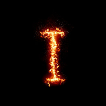 Letter I burning in fire, digital art isolated on black background, a letter from alphabet set