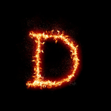 Letter D burning in fire, digital art isolated on black background, a letter from alphabet set