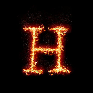 Letter H burning in fire, digital art isolated on black background, a letter from alphabet set
