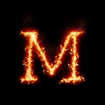 Letter M burning in fire, digital art isolated on black background, a letter from alphabet set