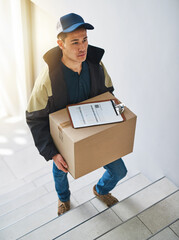 Poster - Deliveries done right on time, all the time. Shot of a courier making a delivery in an office.