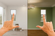 Female Hands Framing Before and After Olive Green Painted Walls in Empty Room of House.