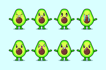 Wall Mural - Set kawaii avocado cartoon character with different expressions of cartoon face vector illustrations