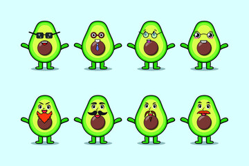 Wall Mural - Set kawaii avocado cartoon character with different expressions of cartoon face vector illustrations