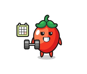 Wall Mural - chili pepper mascot cartoon doing fitness with dumbbell