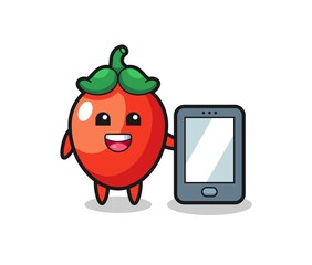 Wall Mural - chili pepper illustration cartoon holding a smartphone