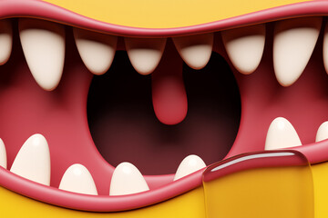 Sticker - 3D illustration fantasy  toothy mouth in bright colors.  Mouth of screaming monster or beast. Angry cartoon face