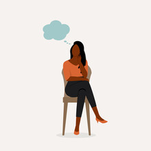Black Woman Sitting On A Chair With Arm Crossed And Thinking Bubble.