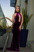 Woman With Purple Dress Looking Towards The Horizon, Terrace With Good View, Modeling Purple Dress 