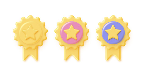 Wall Mural - yellow, pink and blue 3d stamps with ribbons and stars set isolated on white background. luxury gold