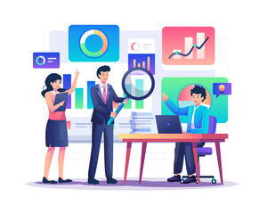 Fototapete - Business data analysis concept and monitoring financial investment report with businesspeople team working on graph screen dashboard. Flat style vector illustration