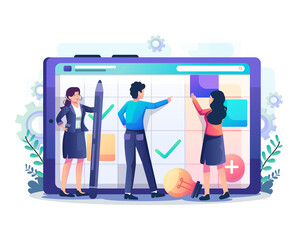 Fototapete - Business planning with people filling out the schedule on a giant gadget. Work planning schedule, Daily routine, and Time Management concept. Flat style vector illustration