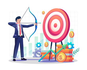 Poster - Businessman aiming target with bow and arrow archery to the target board. Business target and achievement concept. Flat style vector illustration