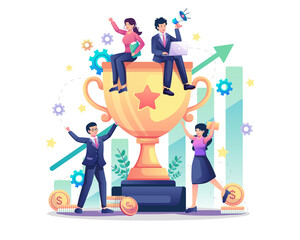 Poster - Happy Business People celebrating success with a big golden trophy. Business Team Success concept. Getting a reward or prize for goal and achievement. Flat style vector illustration