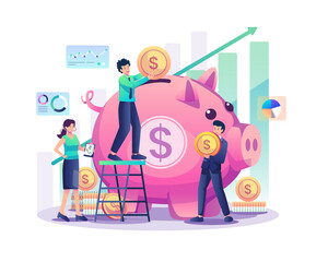 Poster - People put coin money into a piggy bank with a graphic chart increase. Money-Saving and Investment concept. Flat style vector illustration