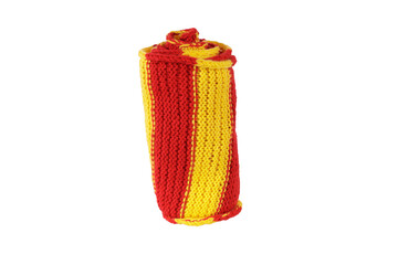 Poster - rolled red-yellow striped wool scarf isolated on white background