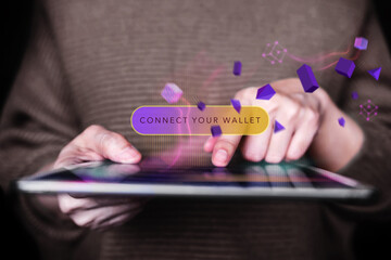 Wall Mural - Web3 Technology Concept. Hand Using Tablet to Connect Digital Wallet. Smart, E-wallet, Financial and Economy on Borderless. Closeup shot