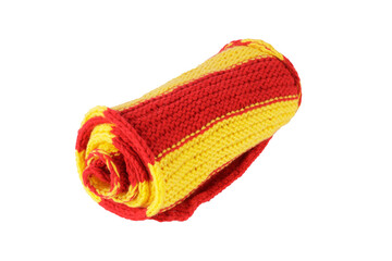 Poster - rolled red-yellow striped wool scarf isolated on white background
