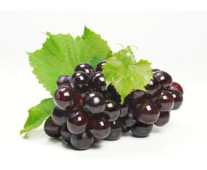 Bunch of natural red grapes and leaf on white background.