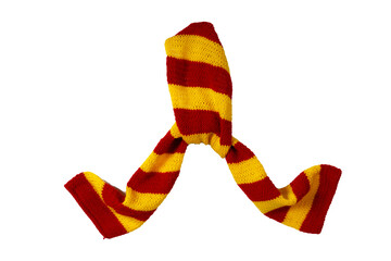 Poster - knotted red-yellow striped wool scarf isolated on white background