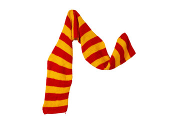 Poster - hanging red-yellow striped wool scarf isolated on white background