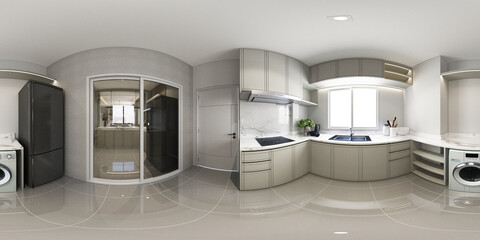 Wall Mural - The kitchen is designed in minimalist style and made of wood material, with white countertops with hidden lights and a sink,  and refrigerator on parquet floors. 3d render 360 degree panoramic view