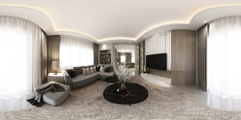 Poster - interior design modern classic style of living and dining area with black marble and black steel texture and gray furniture built-in 3d rendering 360 degree panoramic view