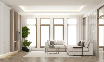 Poster - Interior design in vintage minimalist style in the living room area. using wood material and light gray cloth on parquet floor and sub frame wood walkways in an apartment with large windows 3d render