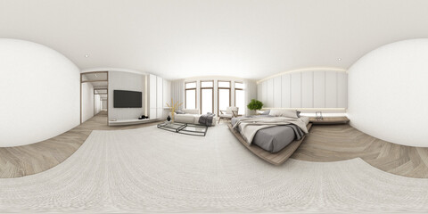 Wall Mural - Interior design in minimalist style the bedroom room area. using wood material and light gray cloth on parquet floor and sub frame wood walkways in an apartment with large windows 3d render 360 view