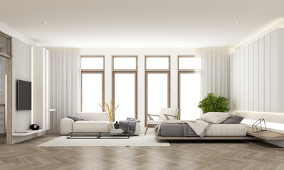 Wall Mural - Interior design in vintage minimalist style in the bedroom room area. using wood material and light gray cloth on parquet floor and sub frame wood walkways in an apartment with large windows 3d render