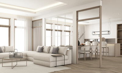 Poster - Interior design in vintage minimalist style in the living room area. using wood material and light gray cloth on parquet floor and sub frame wood walkways in an apartment with large windows 3d render