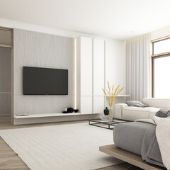 Poster - Interior design in vintage minimalist style in the living room area. using wood material and light gray cloth on parquet floor and sub frame wood walkways in an apartment with large windows 3d render