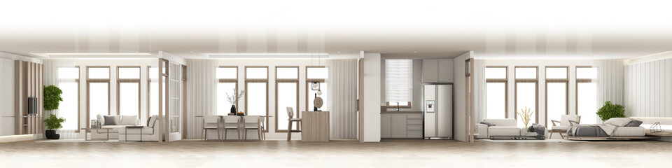 Wall Mural - Interior in vintage minimalist style in the living dining  bedroom. using wood material and light gray cloth on parquet floor and subframe walkways in apartment with large windows 3d render panorama