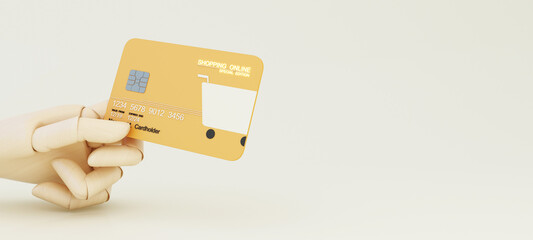 Wall Mural - Close up wood cartoon hand holds shopping online card design template mockup Bank credit card with online service isolated on white background 3d rendering illustration