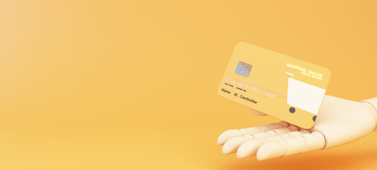 Wall Mural - Close up wood cartoon hand holds levitating shopping online card design template mockup Bank credit card with online service isolated on yellow background 3d rendering illustration