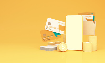 Wall Mural - Close up of shopping online design on credit card, levitating template mockup Bank credit card with online service isolated on yellow background, smartphone display, digital coin, wallet, 3d rendering