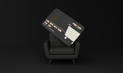 Wall Mural - concept of financial opportunity online design on black premium luxury credit card template mockup Bank credit on luxury armchair black background with copy space 3d rendering