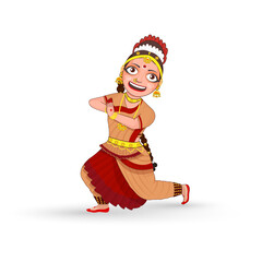 Canvas Print - Young Woman Performing Bharatnatym Dance In Traditional Attire On White Background.