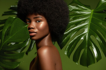 Wall Mural - beauty portrait. young african american woman posing agaings tropical green leaf. natural cosmetics 