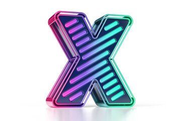 Wall Mural - 3D colorful retro neon font. Disco style letter X in metallic purple to bluish green gradient. High quality 3D rendering.