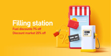 Web Banner With 3d Illustration Of A Smartphone Application For Gas Station With Payment Options