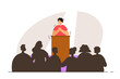 Terrified man standing in front of an audience. Fear of public speaking. Phobia, psychological problem, anxiety and mental health concept. Modern flat vector illustration