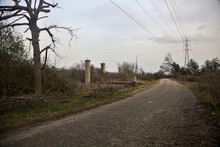 Country Road With A Gate And Bare Trees At Its Edge On A Cloudy Day At Dusk