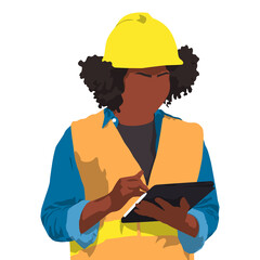 Wall Mural - African-American female warehouse worker. Engineer woman wearing a safety helmet and vest holding tablet and take note. Vector flat style illustration isolated on white