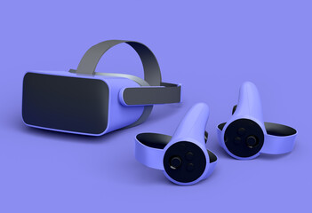 Virtual reality glasses and controllers for online gaming on purple background