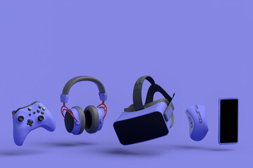 Poster - flying gamer gears like mouse, keyboard, joystick, headset, vr