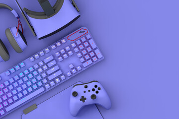 Poster - top view of gamer workspace and gear like mouse, keyboard, joystick, headset, vr