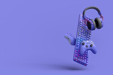Poster - flying gamer gears like mouse, keyboard, joystick, headset, vr