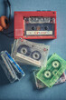 Transparent audio cassette as a symbol of 90's music.